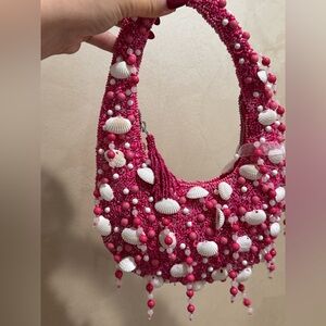 Hot Pink Beaded Shell Accent Shoulder Bag - Women Jewelry Accessory